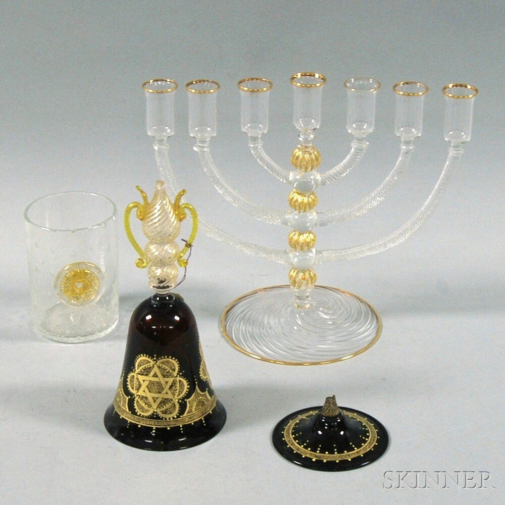 Appraisal: Three Pieces of Judaic Venetian Glass a six-branch candelabra a