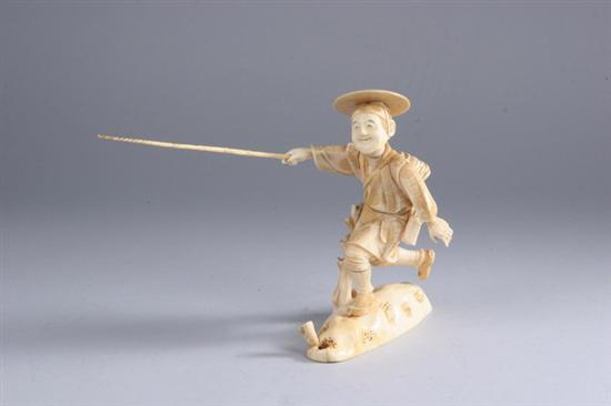 Appraisal: JAPANESE IVORY OKIMONO OF FISHERMAN Late Meiji period signed Holding