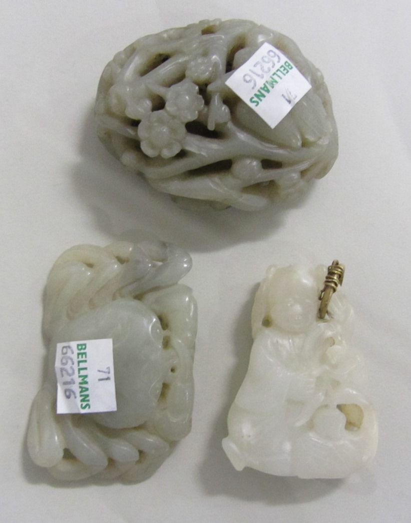 Appraisal: Three small jade carvings th century comprising a bird amongst