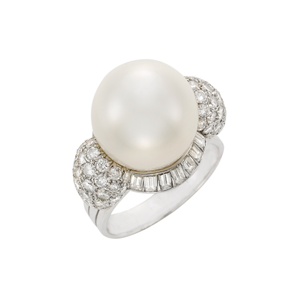 Appraisal: White Gold Cultured Pearl and Diamond Ring One pearl ap