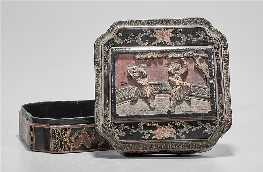 Appraisal: Chinese painted wood covered box with dancing figures decoration x