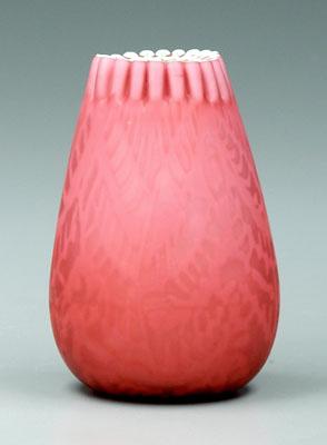 Appraisal: Mother-of-pearl cranberry vase satin glass crimped rim fern pattern -