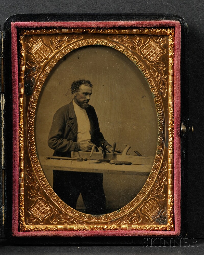 Appraisal: Quarter Plate Tintype Portrait of a Carpenter at His Workbench