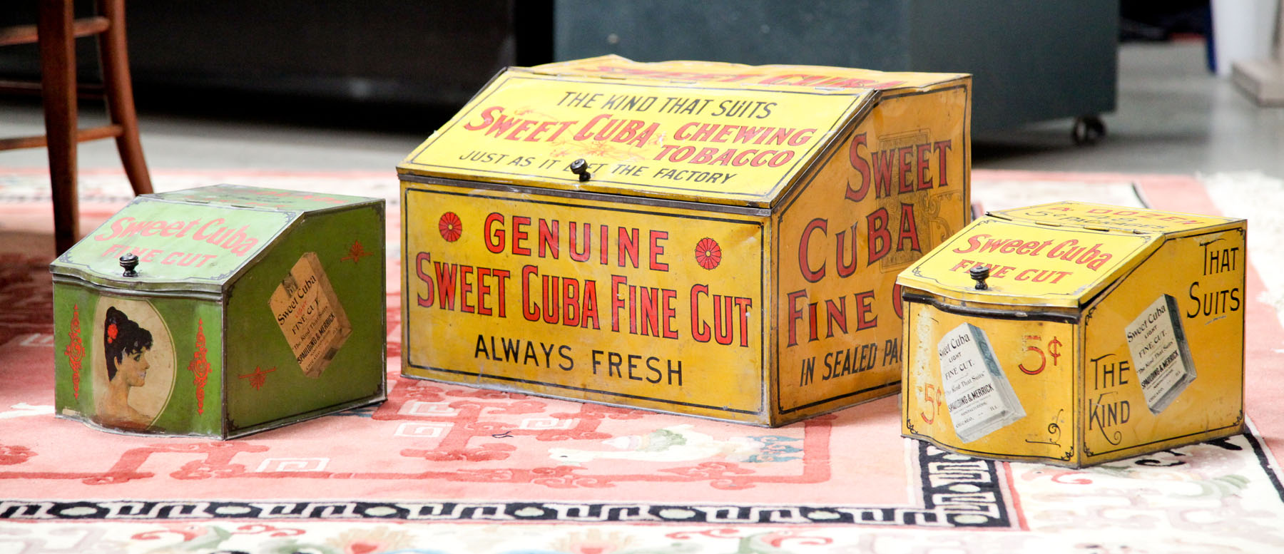 Appraisal: THREE SWEET CUBA TOBACCO DISPLAY TINS American th century Large