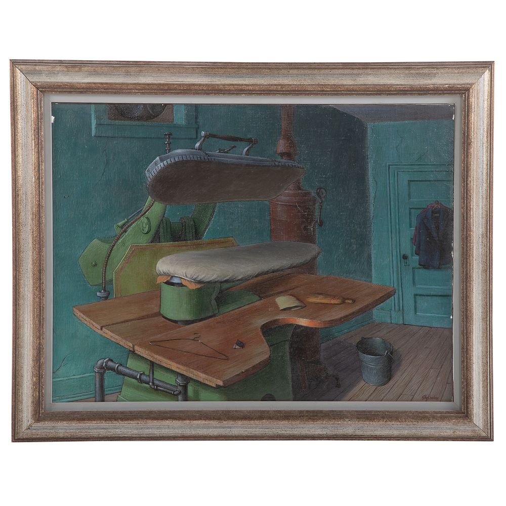 Appraisal: Jacob Glushakow Pressing Machine oil on canvas American - Signed