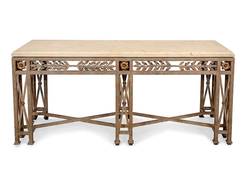 Appraisal: A Neoclassical Style Metal and Travertine Console A Neoclassical Style