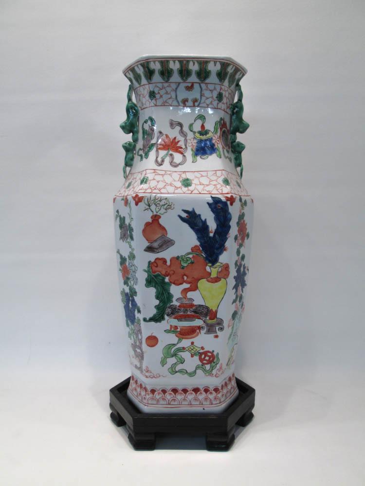 Appraisal: CHINESE REPUBLIC PORCELAIN VASE hexagon form with stylized dragon handles