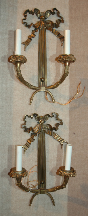 Appraisal: Pair of Louis XVI Style Brass and Glass Two-Light Sconces