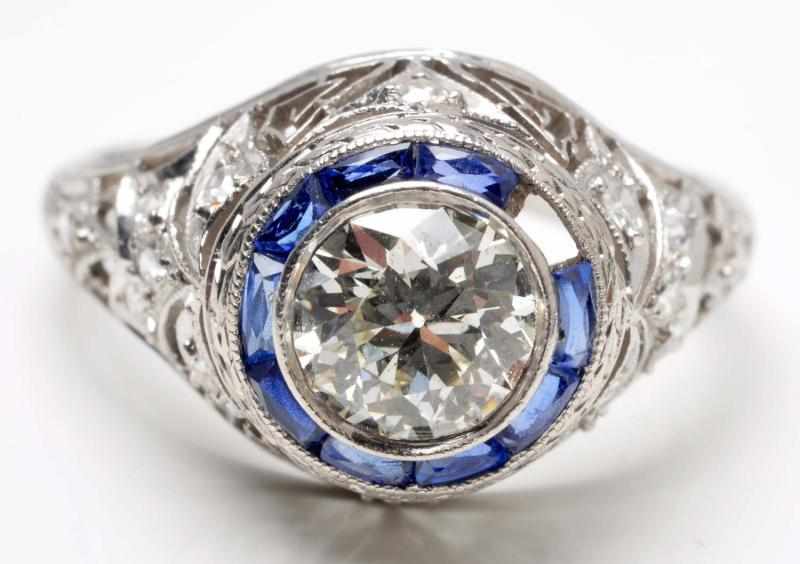 Appraisal: K W Gold Filigree Diamond Sapphire Ring Description Diamond is