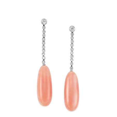 Appraisal: Pair of Diamond and Angel Skin Coral Pendant-Earrings Estimate -