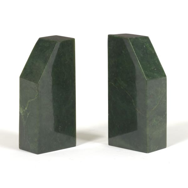 Appraisal: PAIR OF CARVED SPINACH NEPHRITE BOOKENDS x x Monolithic polished