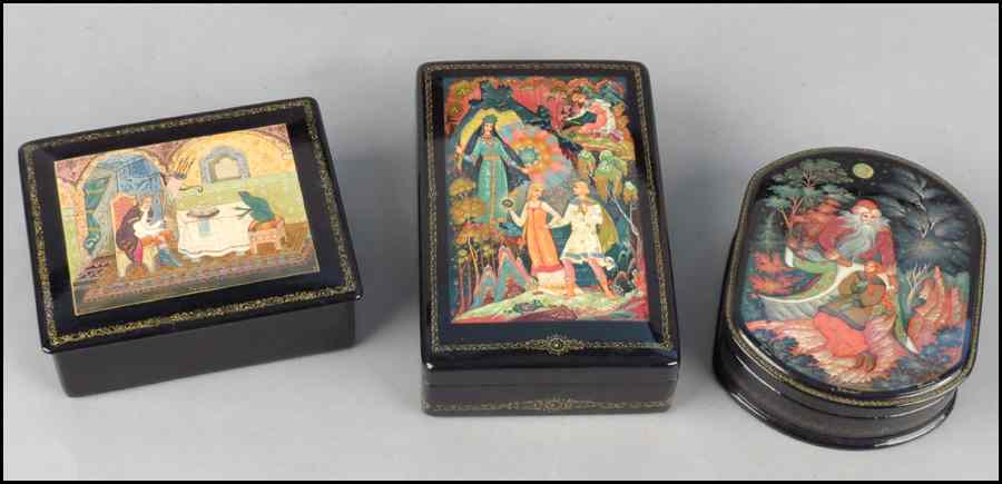 Appraisal: COLLECTION OF THREE RUSSIAN LACQUERED BOXES Largest H '' W