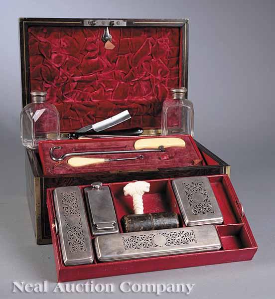 Appraisal: An English Brass Mounted Rosewood Campaign Dressing Case mid- th