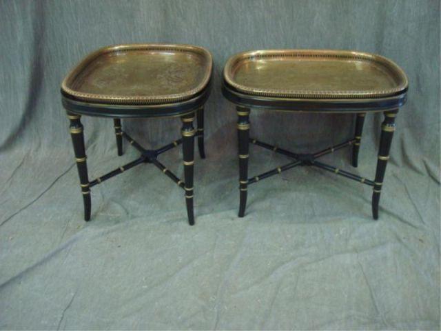 Appraisal: Pair of Black Lacquer Gilt Tray Tables with Removable Tooled