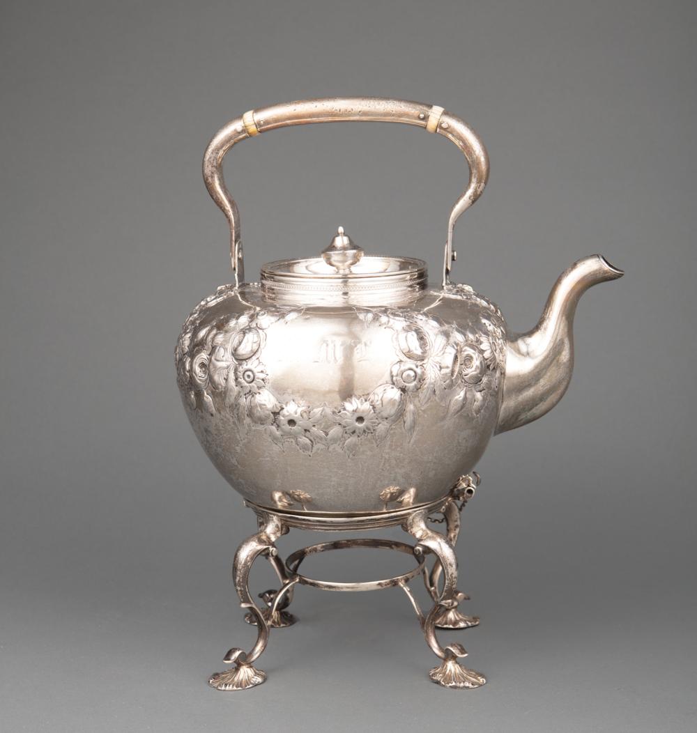 Appraisal: American Coin Silver Repousse Kettle-on-Stand Jones Ball Poor Boston act