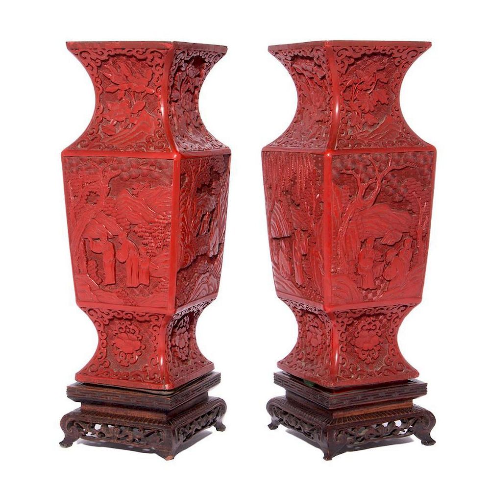 Appraisal: A pair of Chinese cinnabar vases A pair of Chinese