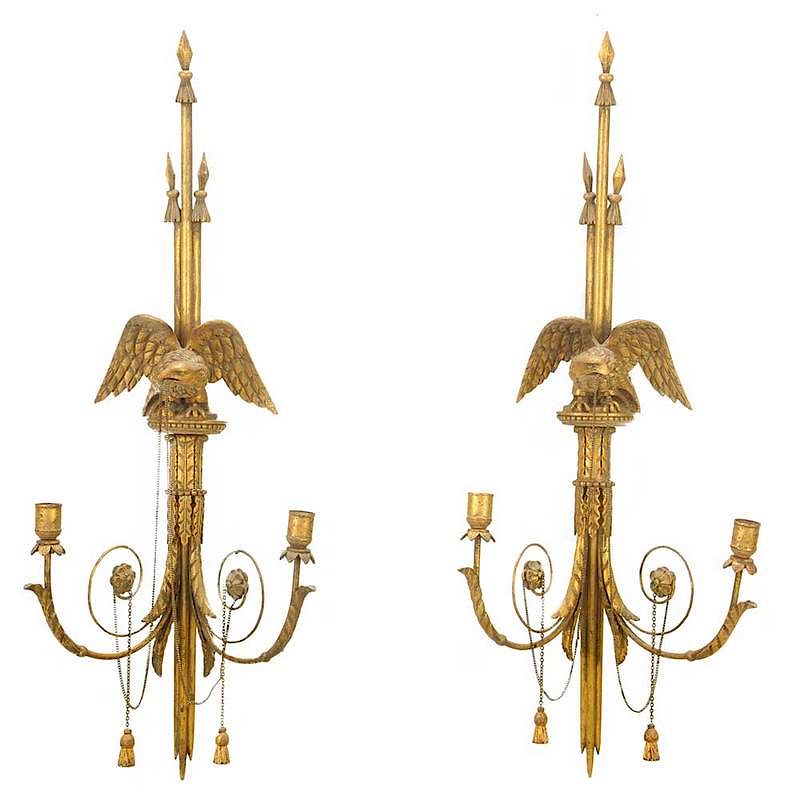 Appraisal: Pair Federal Style Carved Gilt Eagle Sconces late th early