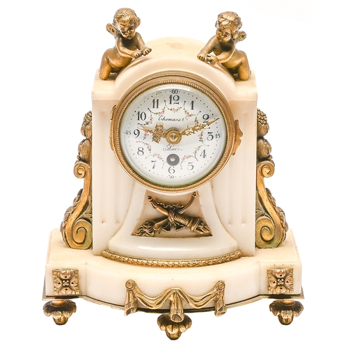 Appraisal: A French gilt bronze mounted statuary marble mantel timepiece c