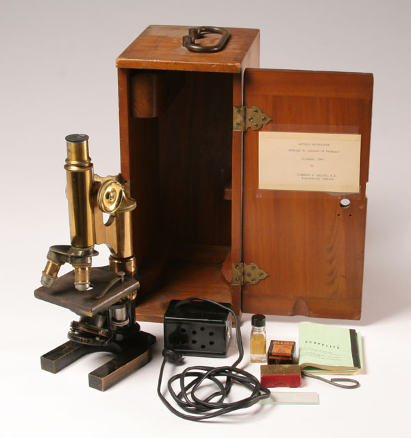 Appraisal: Electric pharmacy microscope in dovetail box ca early th Century