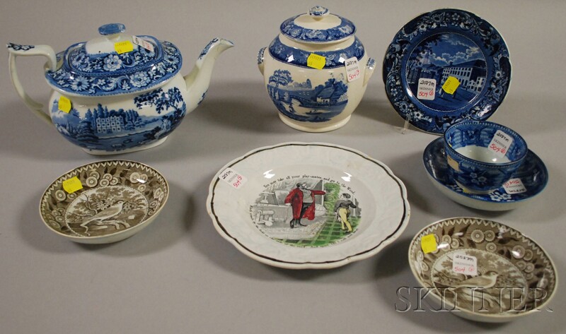 Appraisal: Seven Transfer-decorated Pottery Items a scenic teapot and sugar bowl