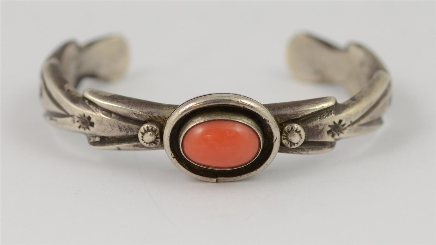 Appraisal: Navajo sterling stampwork coral cabochon cuff bracelet w x -