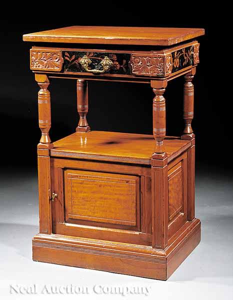 Appraisal: An American Pyrography and Carved Cherrywood Side Cabinet late th