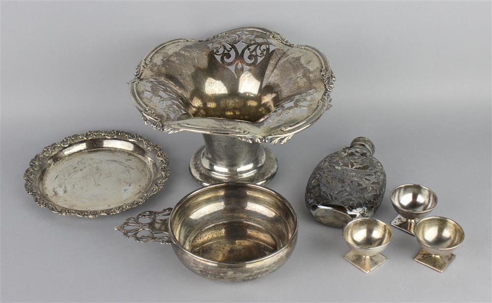 Appraisal: SIX AMERICAN SILVER PIECES AND A SILVER OVERLAY FLASK including