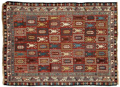 Appraisal: Caucasian rug rows of geometric devices on brick red field