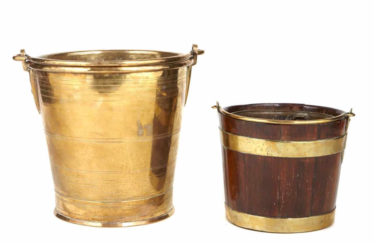 Appraisal: Two English mahogany and brass bound buckets Together with a