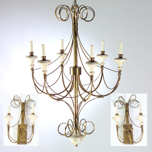 Appraisal: Brass and faux-painted wood chandelier with four matching sconces th