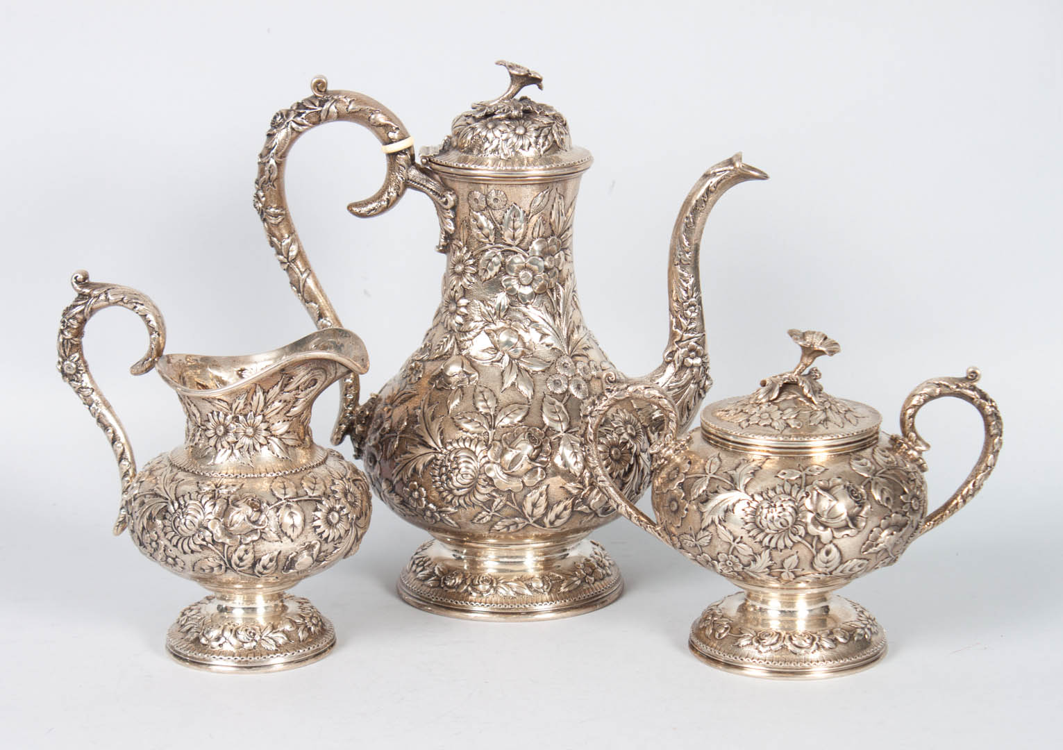 Appraisal: Kirk Repousse sterling silver -piece coffee set early th century