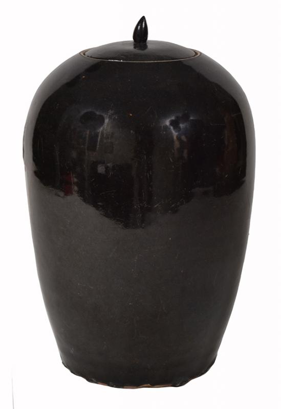 Appraisal: A LARGE BLACK GLAZED VASE with matching black lacquered lid