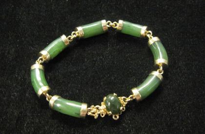 Appraisal: karat yellow gold and green jade flexible bracelet th century