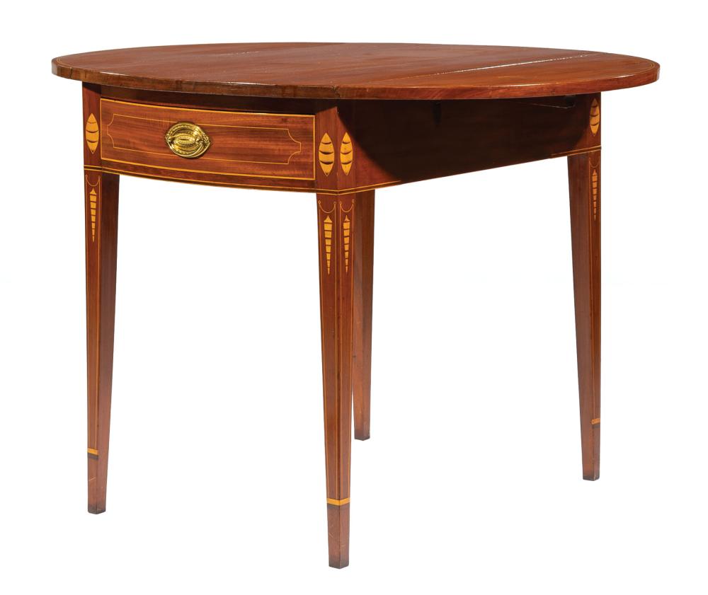 Appraisal: Federal-Style Inlaid Mahogany Pembroke Table drop-leaf top frieze drawer ellipse