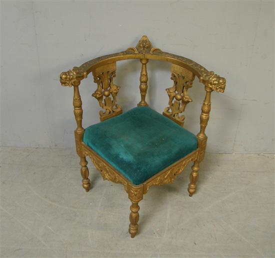 Appraisal: th century French carved wood gilt corner chair with mask