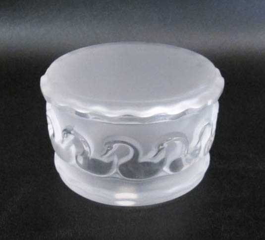 Appraisal: LALIQUE CRYSTAL ROUND DRESSER BOX with swan motif engraved Lalique