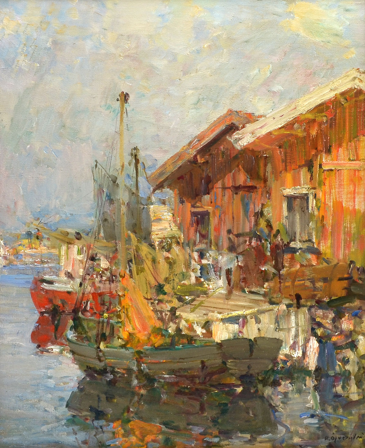 Appraisal: OFVERSTROM Hugo Swiss - Dockside Scene Oil Canvas '' x