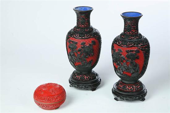 Appraisal: TWO VASES AND A BOX Asian th century Carved designs