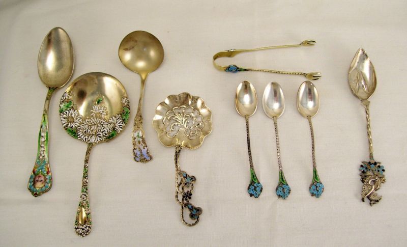 Appraisal: pcs Enamel on Sterling Flatware Selling as one lot Weight