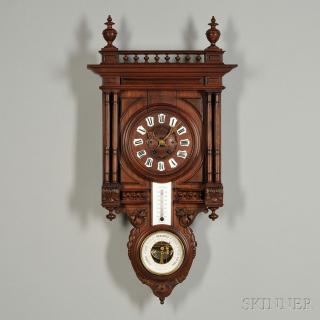 Appraisal: French Black Forest-style Wall Clock and Barometer c balustrade-topped entablature