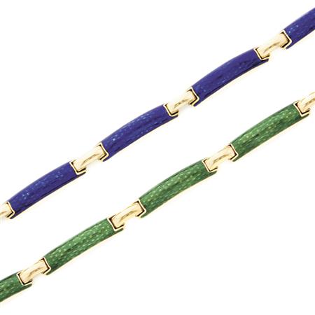 Appraisal: Pair of Gold and Blue and Green Enamel Bracelets Estimate