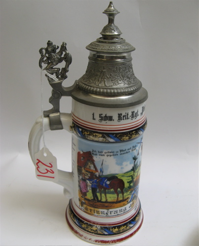 Appraisal: A GERMAN REGIMENTAL BEER STEIN The porcelain with cavalry dated