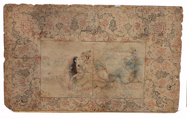 Appraisal: A PERSIAN DRAWING of an amorous couple in a garden