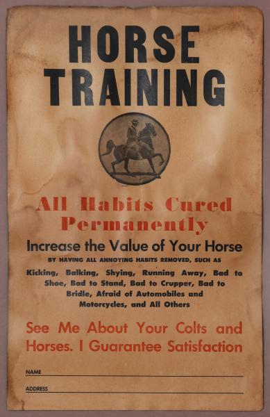 Appraisal: AN EARLY C PLACARD ADVERTISING HORSE TRAININGONSITE AUCTION This on-site