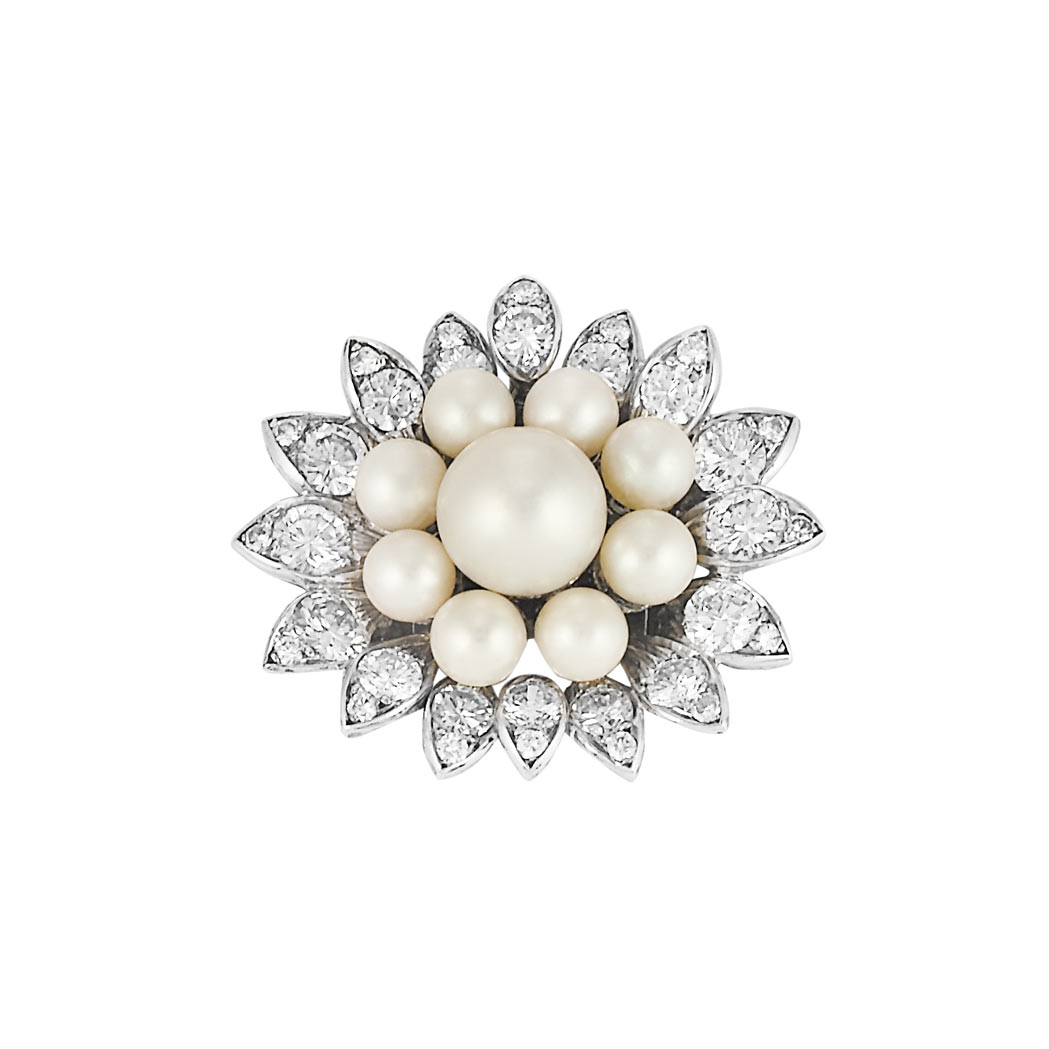 Appraisal: Platinum Cultured Pearl and Diamond Flower Clasp Van Cleef Arpels