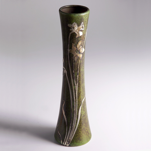 Appraisal: HEINTZ Sterling-on-Bronze tall corseted vase with silver daffodils on a