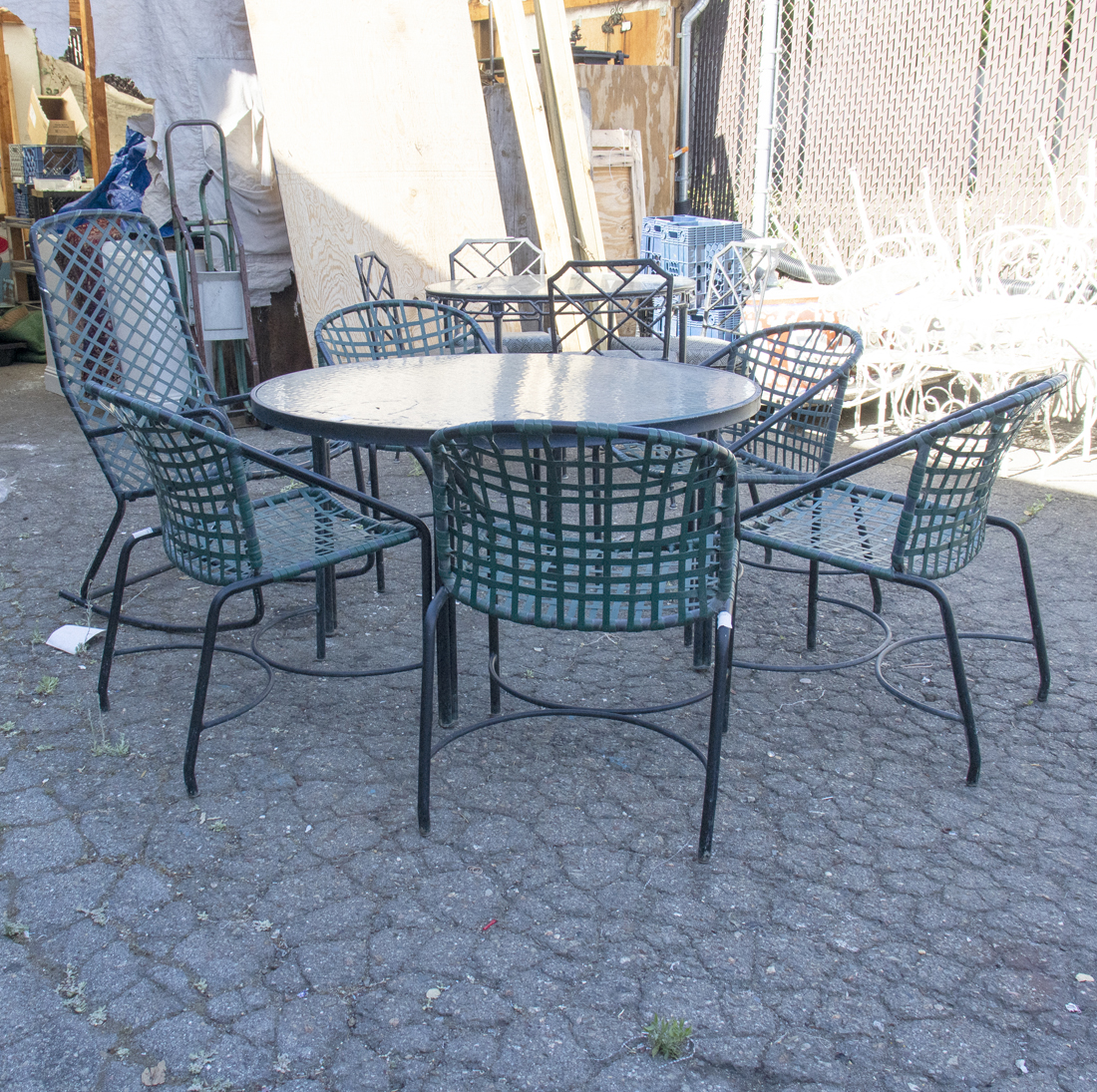 Appraisal: A PATIO EBONIZED METAL FRAMED SET WITH GREEN TAPE INCLUDING