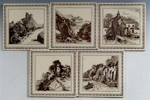 Appraisal: FIVE MINTON TILES monochrome landscapes featuring old houses x