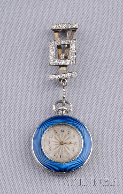 Appraisal: Edwardian Diamond and Enamel Pendant Watch Tiffany Co the silvertone