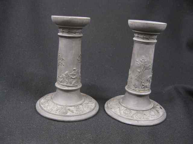 Appraisal: Pair of Wedgwood Basalt Candlesticks classical garden scenes '' excellent